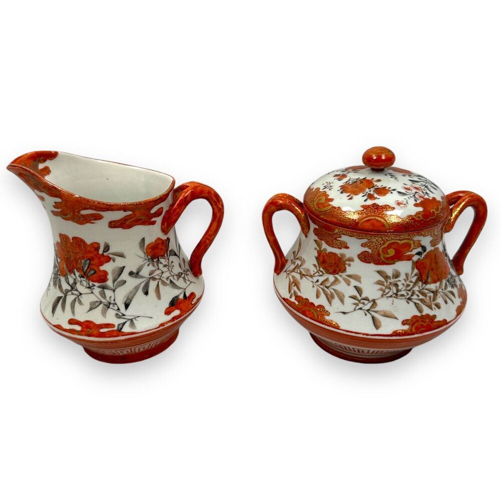 Antique Japanese Kutani Porcelain Creamer‎ Sugar Dish White Meiji Floral Vintage